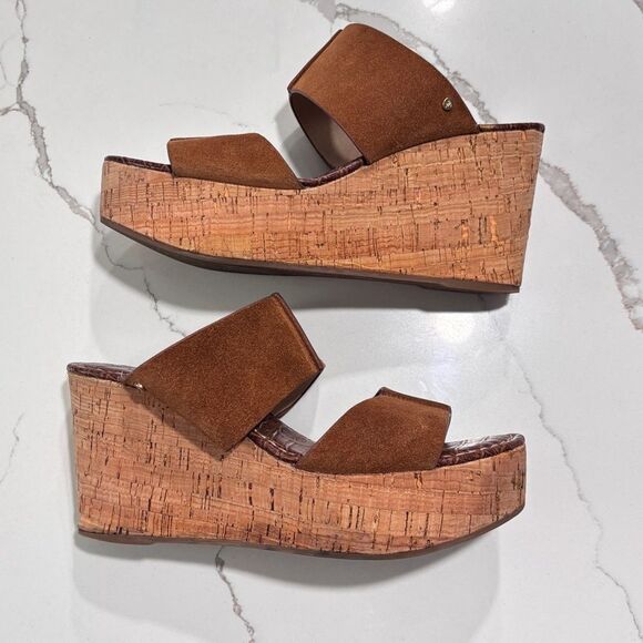 Sam Edelman | Damara Women’s Brown Suede Platform Wedge Cork Slip on Sandals - Picture 11 of 11